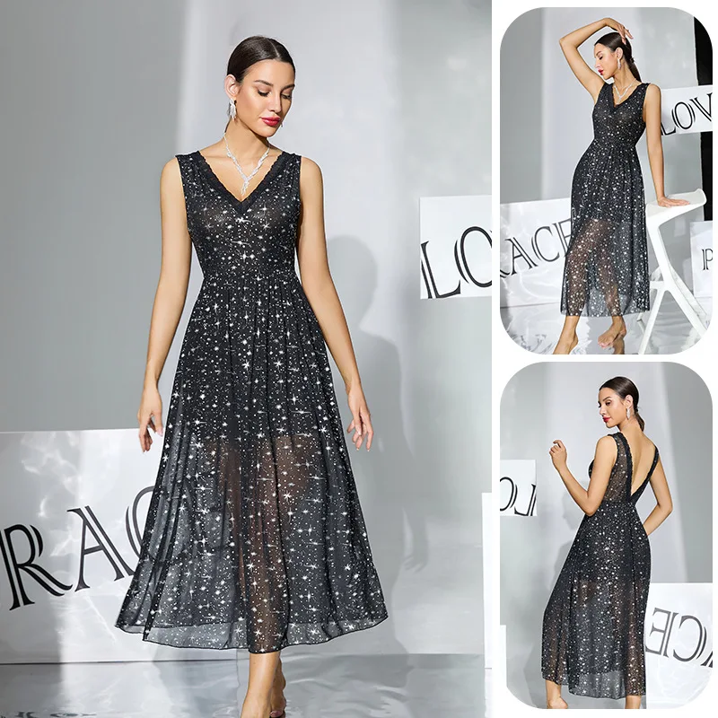 

2026 Hot selling Starry Sky Printed Mesh Medium Long V-neck Sleeveless Waist Home Dress for Women
