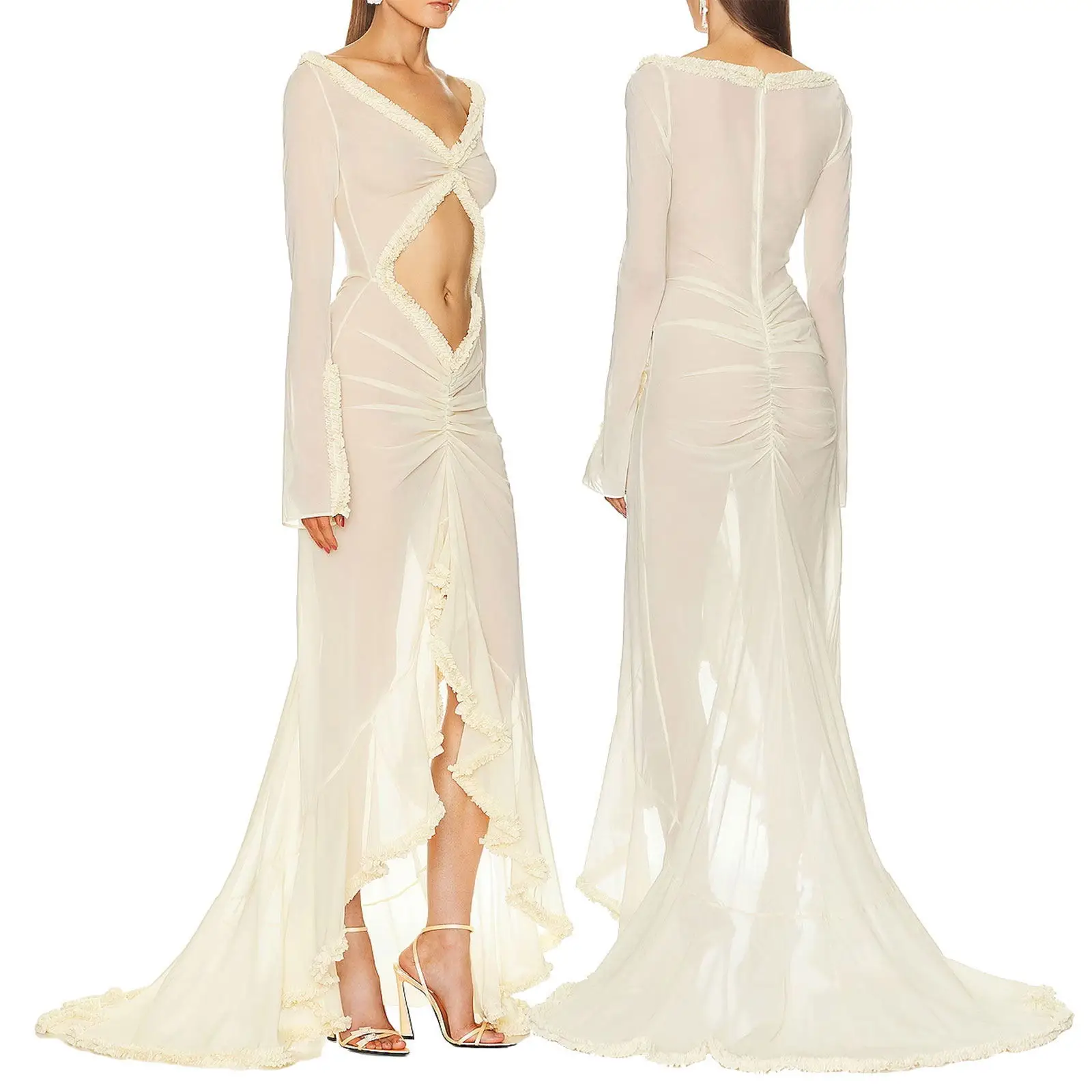 Sexy schiere Frauen Kleid elegante hohle V-Ausschnitt Splits lange Ärmel Rüschen Spitze gerafft figurbetont Strand Urlaub Clubwear