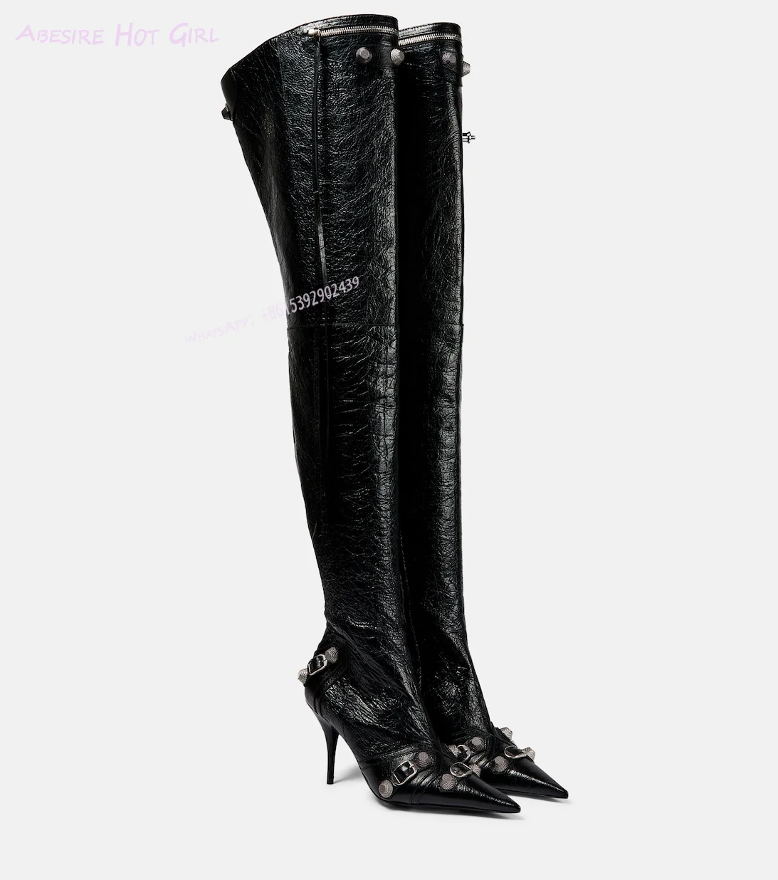 Tassel Rivets Black Leather Thigh Boots Long Over Knee Sexy Women Pointed Stiletto Heels Pointed Texture Zip Pants Booties Shoe