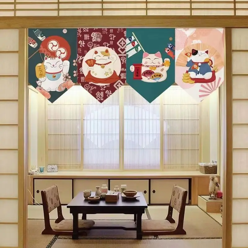 VIKAMA Japanese Kyoto Style Triangle Flag Curtain Mount Fuji Maneki-neko Ukiyo-e Hanging Curtain for Japanese Restaurant Decor