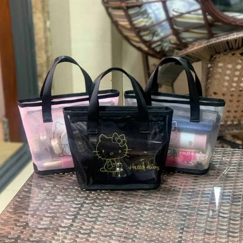 Sanrio-Bolsa de cosméticos portátil Hello Kitty para mujer, estuche de maquillaje, bolsa de maquillaje transparente, bolso Kawaii, Pintalabios