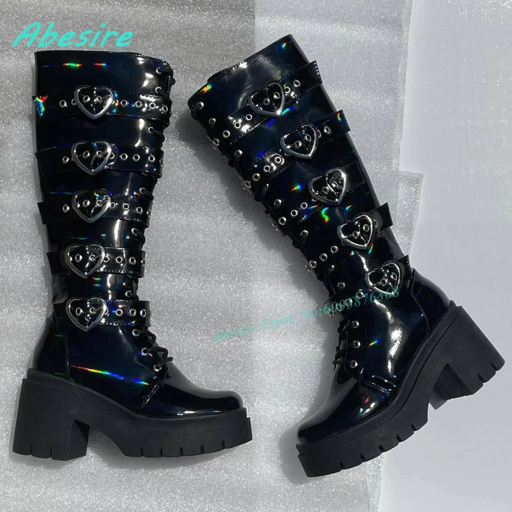 Black Patent Leather Knee High Boots Heart Buckle Straps Lace‑Up Chunky Heels Platform Women's Boots Punk Sweet Goth Shoes