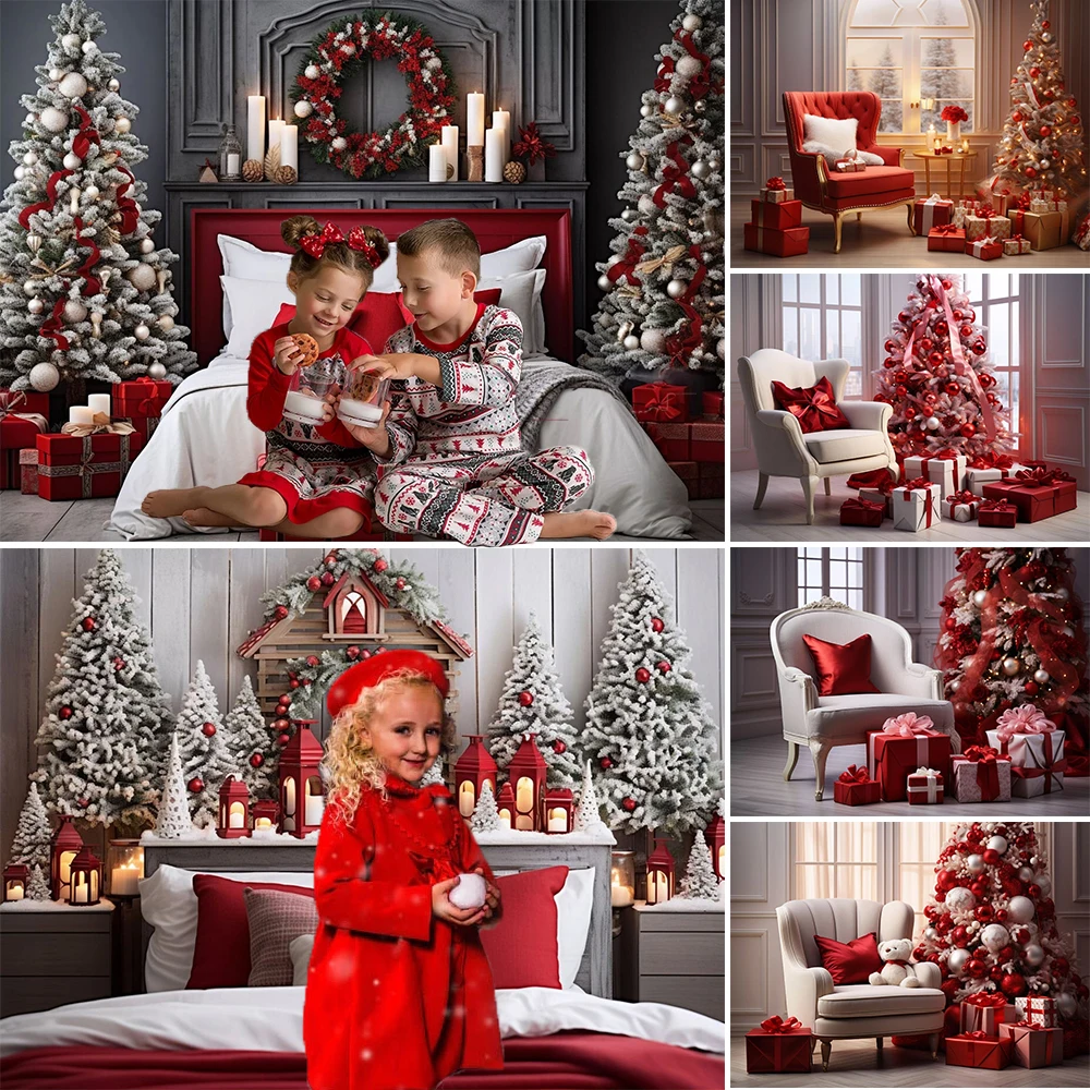 

Mocsicka Merry Christmas Photography Background Red Furniture Xmas Tree Children Family Portrait Shooting Studio Banner Props