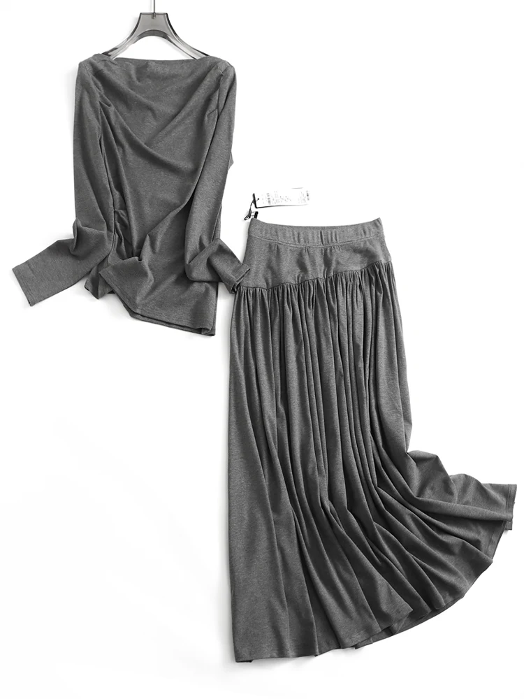 

Slim Fit Long Sleeve Knitted T-Shirt And Skirt Set Fashionable Color Pleated One Shoulder Women's Ensemble J507
