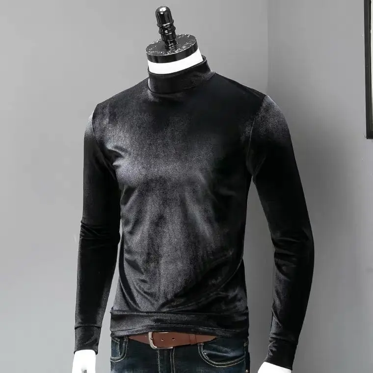 2024 Winter Mne's turtleneck slim velvet shirts,plus size Spring & Autunm velour tops black brown Male Tees