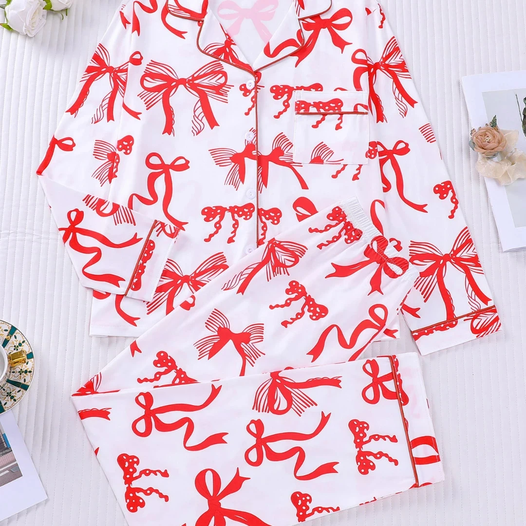 

Белый женский рождественский тематический пижамный комплект с красным бантом и лацканами с длинными рукавами и длинной домашней одеждой, домашняя одежда, подарок на День святого Валентина