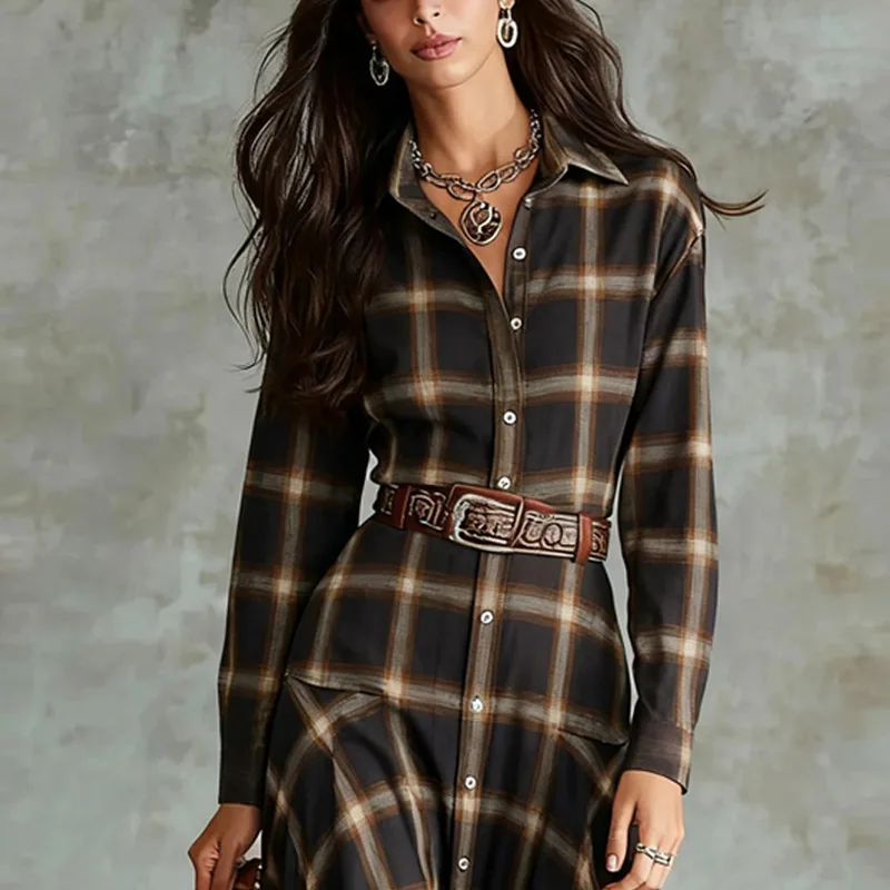 QICHE 2026 Fall Winter New Women Vintage Plaid Long Sleeve Shirt Dress, Elegant Tartan Midi Dress
