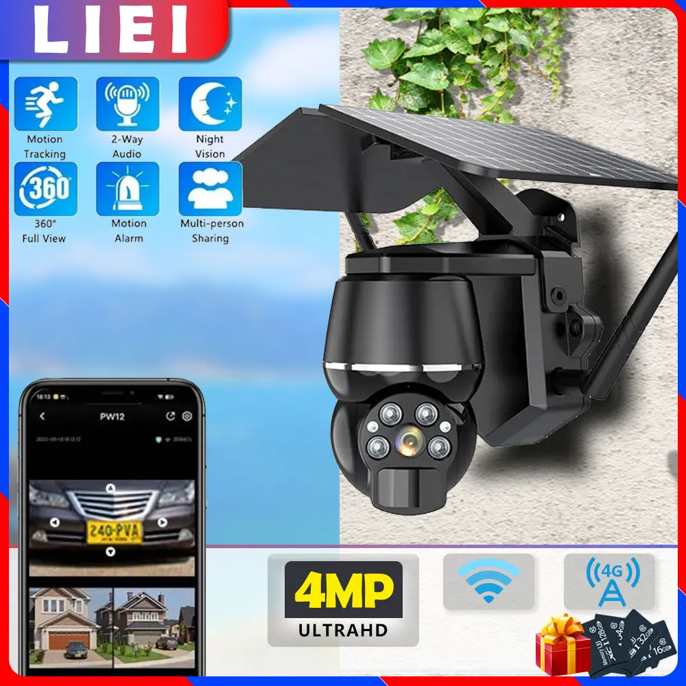 

LIEI 4MP 4G/WIFI PTZ Solar Camera Auto Tracking Dual Lens Surveillance camara Security Protection Monitor Smart Home CCTV Audio