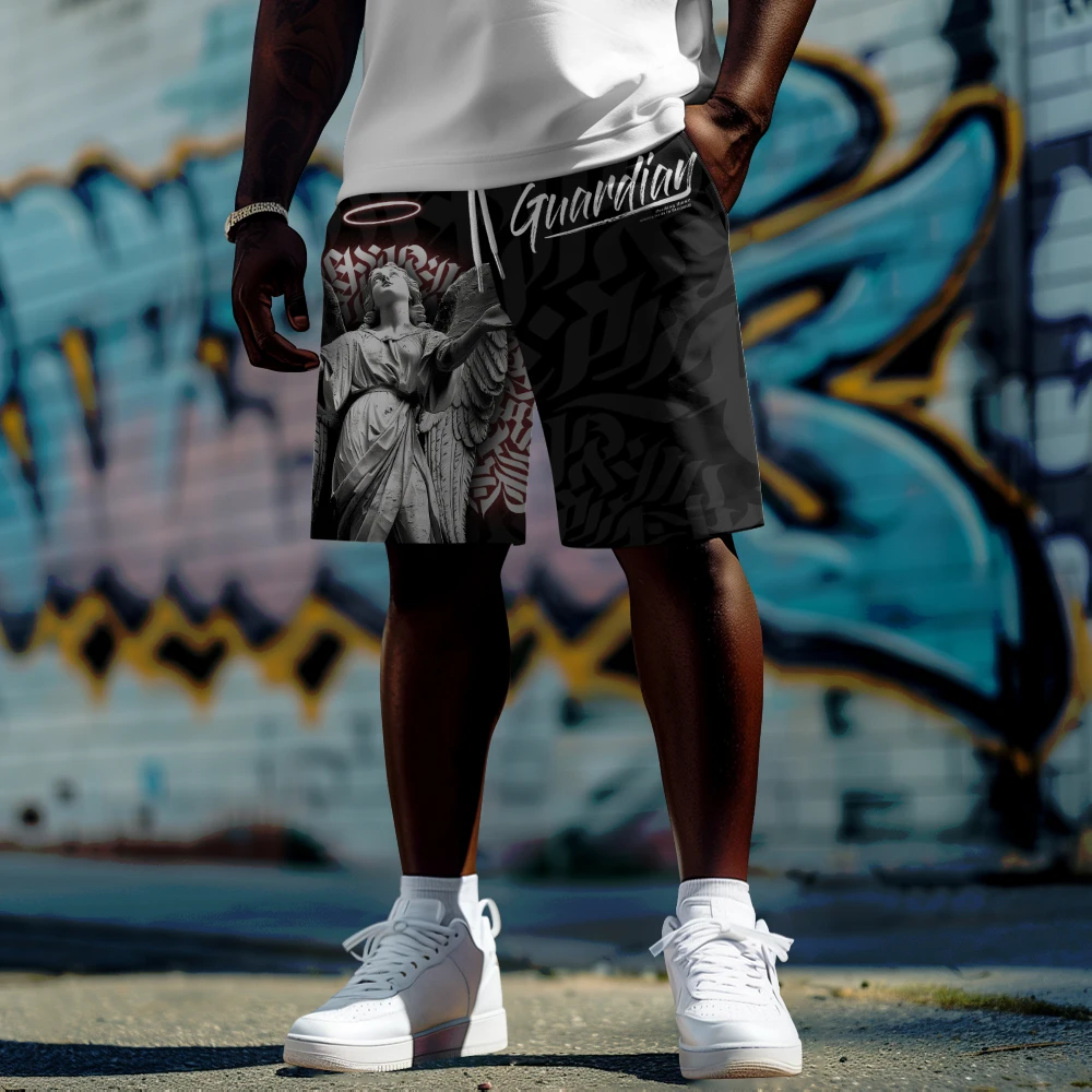 

Summer men Large shorts Hawaiian Angel figurine print shorts Daily casual sports shorts pants