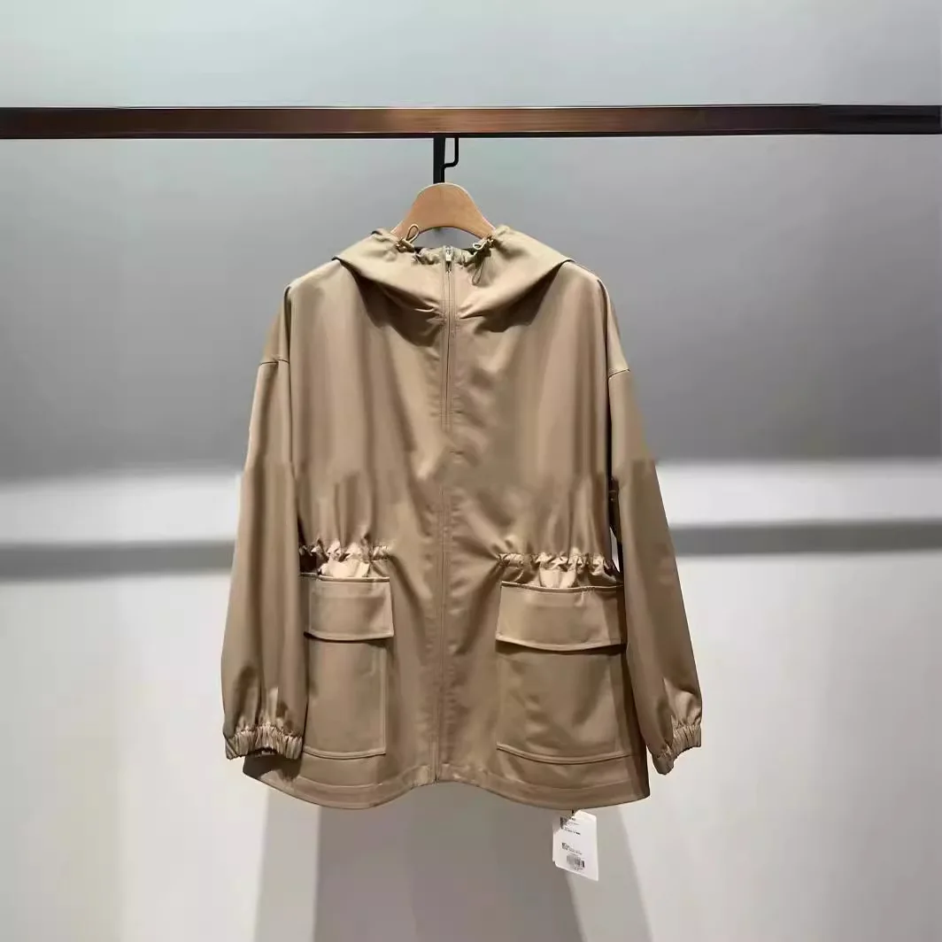 

2025 Autumn New Silk Wool Hooded Waist Tie Short Trench Coat