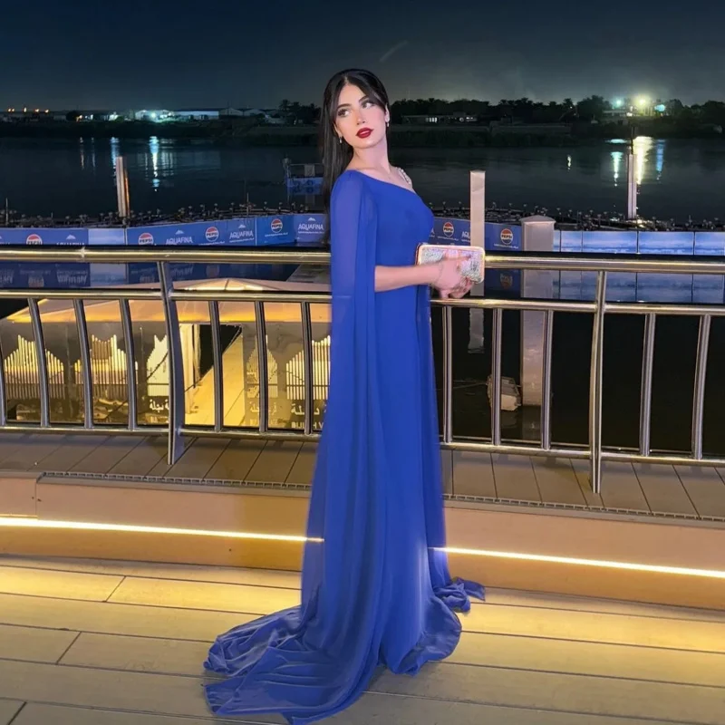 Indie Saudi customized Blue Prom Gown Women Long Sleeve Beaded Party Evening Dress Chiffon Floor Length Special Occasion Dresses