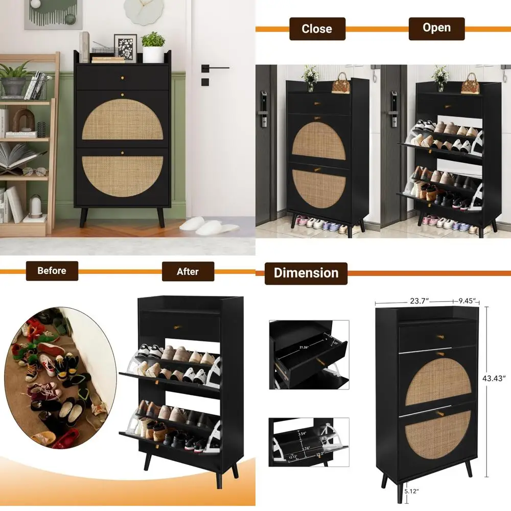 

Тонкий узкий шкаф для обуви из ротанга с двумя ящиками, верхней полкой для хранения и скрытым органайзером для прихожей