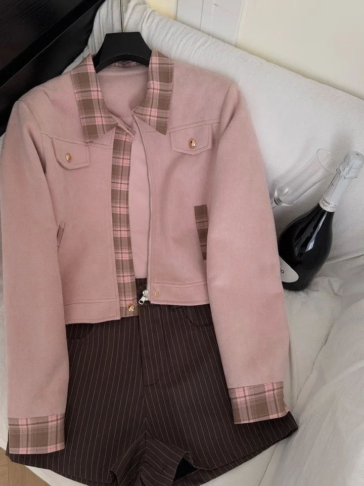 

Fall Casual Plaid Collar Long Sve Outerwear High Waist Stripe orts Set Women's Faionable Versatile Two-Piece Suit