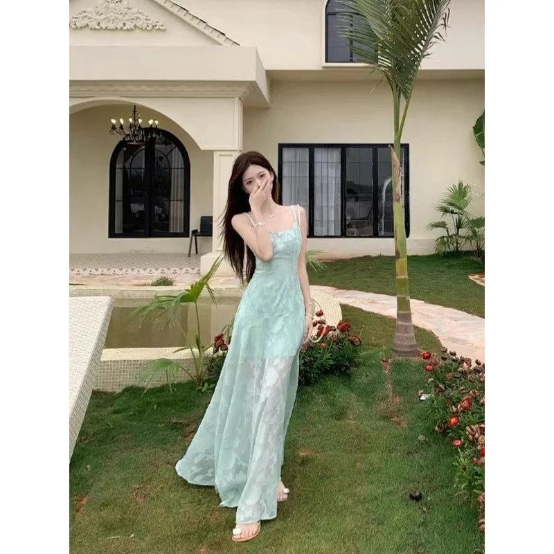 

Mint Green Jacquard Suspender Dress With A Slimming WaistlineASummer Vacation Style Mesh Dress