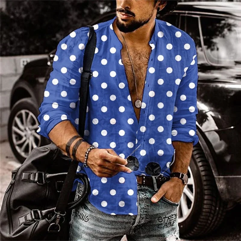 Men\'s Top Button Lapel T-Shirt Polka Dot Black White Fashion Simple Casual Dress Spring Summer High Quality Material Plus Size