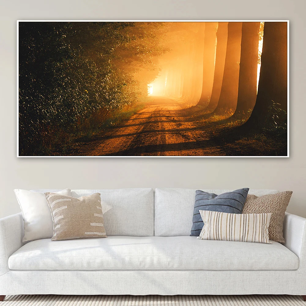 Path Trees Fog Sunlight Dawn Scenery Canvas Painting Prints Wall Art Home Decor Items Illustration