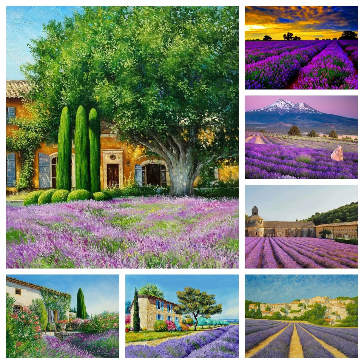 Pintura de diamantes de paisaje de campo de lavanda de Provenza, paisajes urbanos franceses, bordado de punto de cruz, imagen de mosaico, decoración de sala de estar