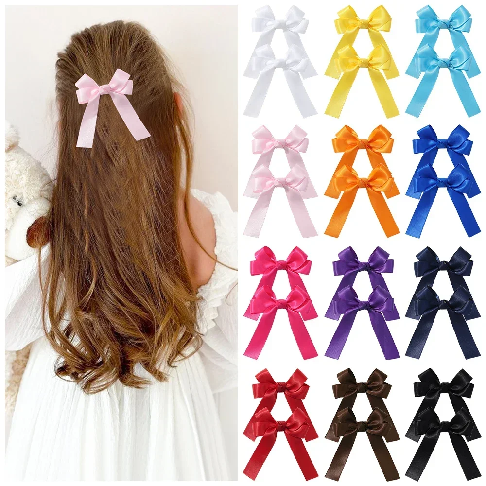 2pcs Cheer Up Bowknot Hair Clips for Girl Solid Color Ribbon Bows Hairpins Hairgripe Kids Boutique Hair Accessories Wholesale