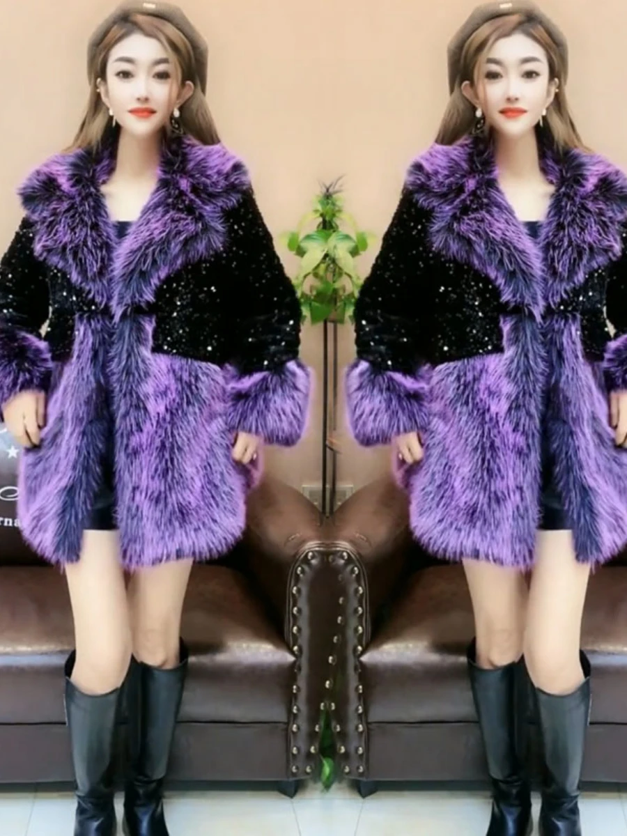 Polo Collar Long Sleeve Faux Fox Fur Sequined Fur Coat Women 2022 Winter Clothes Temperament Slimming Purple Leather Fur Jacket