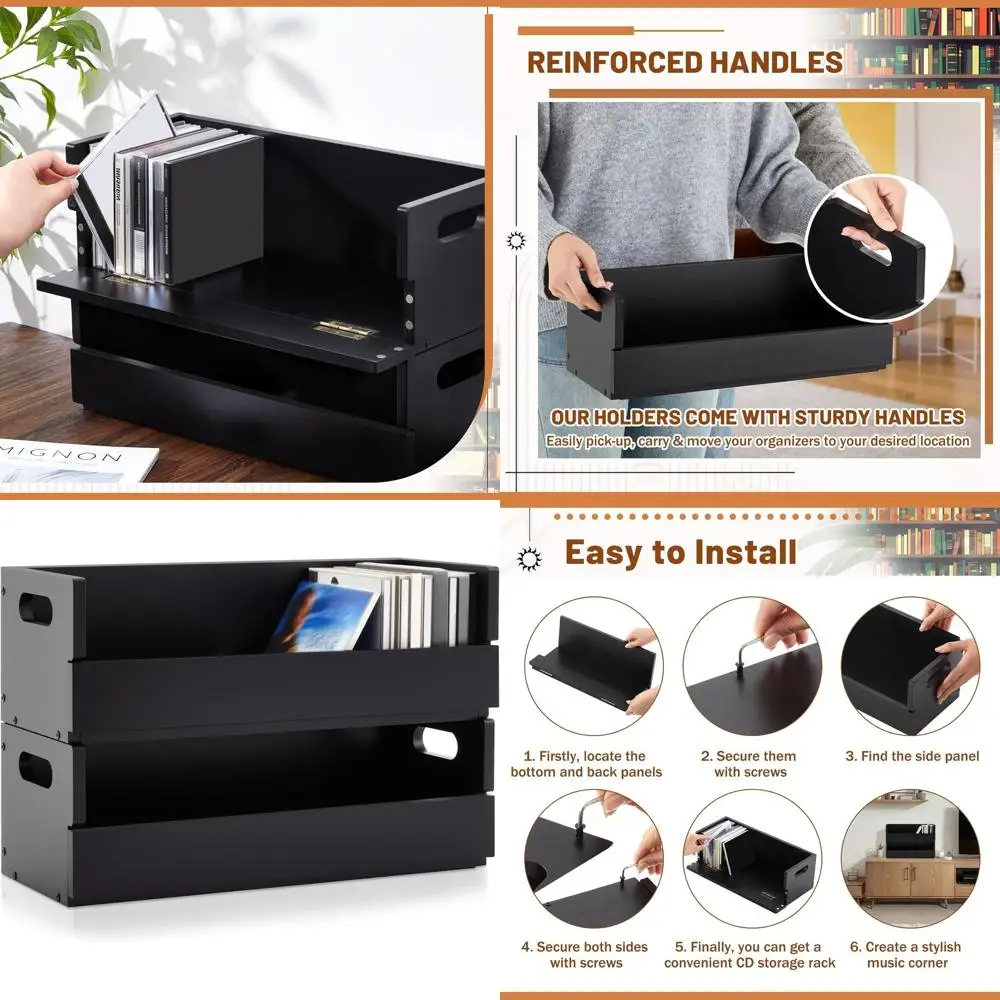 

Wooden CD Storage Box Set with Handles for 36 CDs, Cassettes, DVDs, and Movie Cases (Black)
