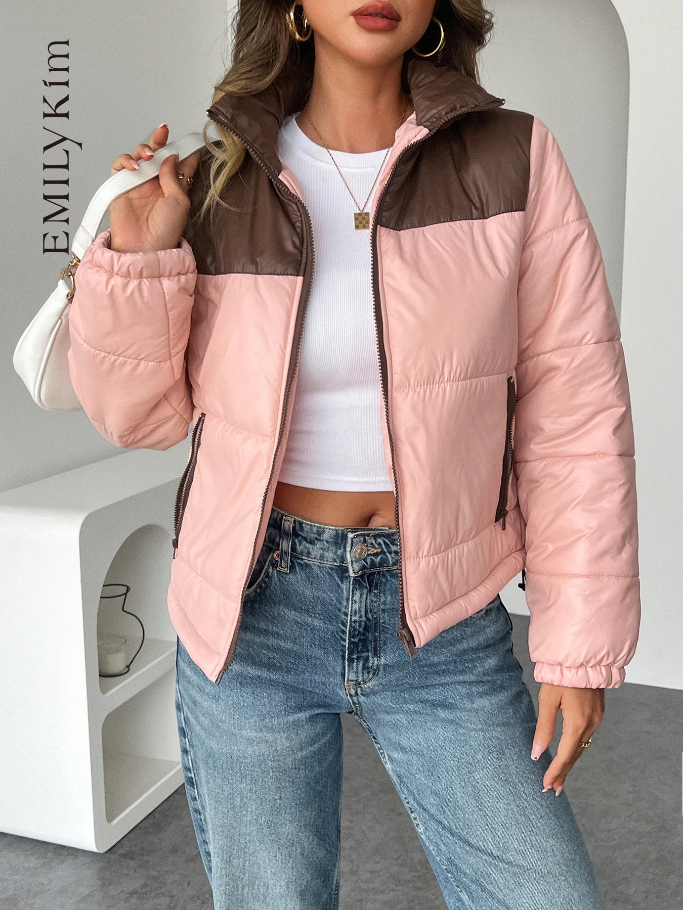 

Jacket for Women New Thickened Color Blocked Zipper Stand up Collar Cotton Jacket Temperament Commuting Trendy Elegant Jacket