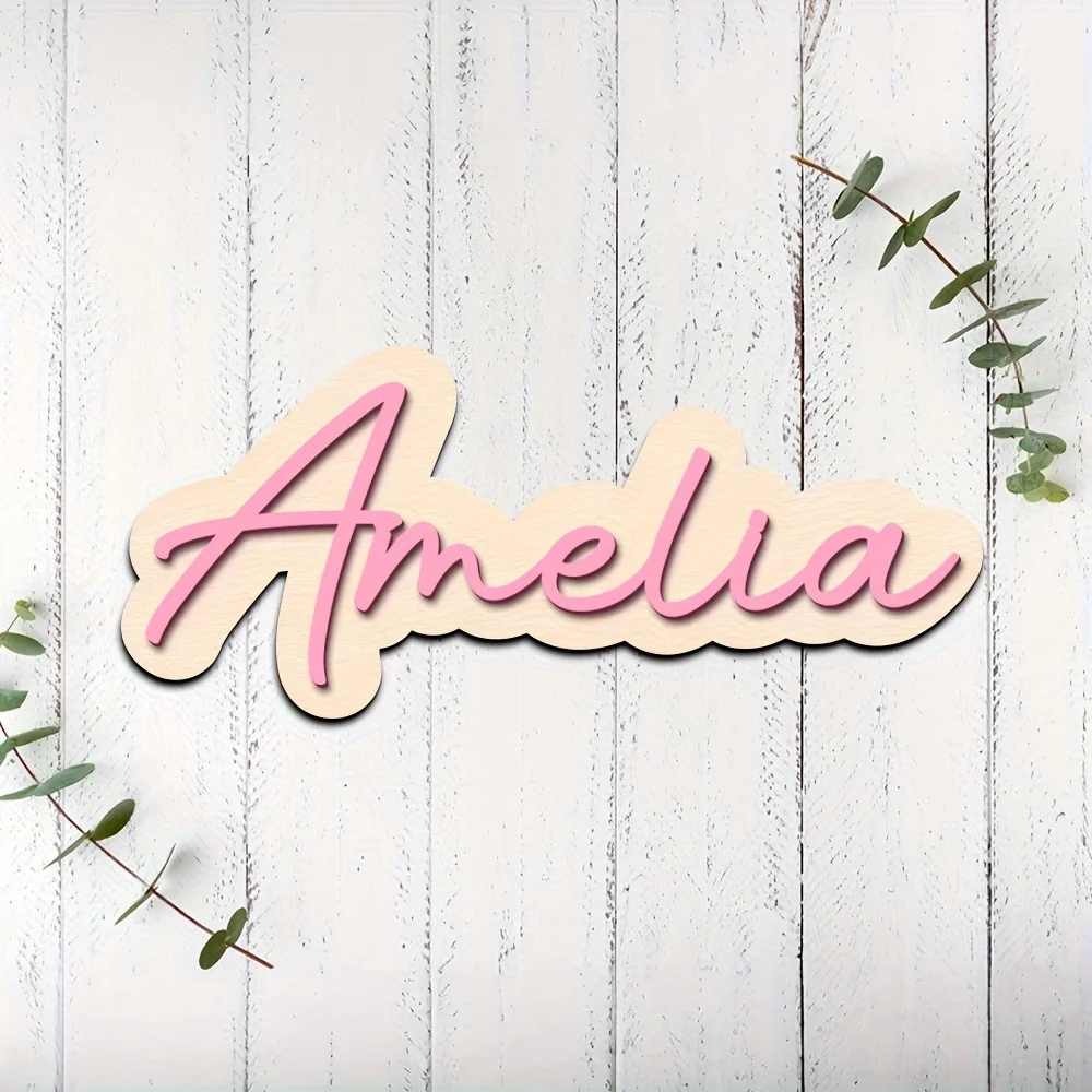 Customizable Double-Layered Wooden Name Plaque with Pink Lettering Battery-Free Wall Decor Personalized Gift for Birthday