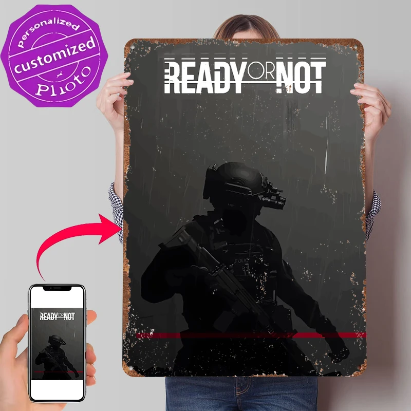 Ready or Not Spiel-Cover-Art Blechposter Individualisierte Wandkunst Retro Vintage Metallschilder für Fans Heimdekoration Gaming-Haus