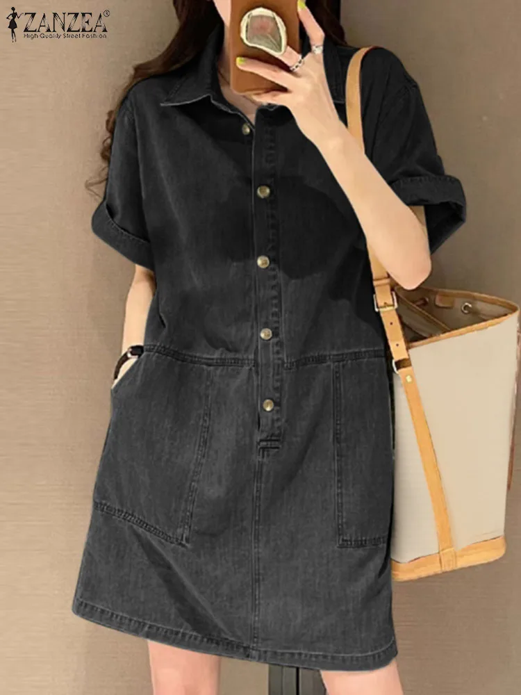 ZANZEA Women Denim Shirt Dress 2024 Summer Short Sleeve Korean Sundress Vintage Turn Down Collar Robes Casual A Line Dresses