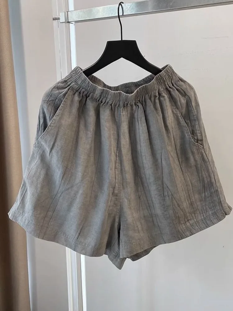 Elegant Folded Grey Cotton Linen Shirt Women's Summer Thin Cardigan Sun Protection Set Wide Leg Short Pants Two Piece Set view 4