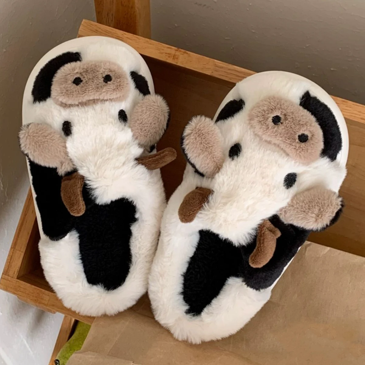 Cute Cow Winter New Children Slipper Soft Heel Platform Fur Warm Indoor Comfortable Home Fluffy Home Slippers