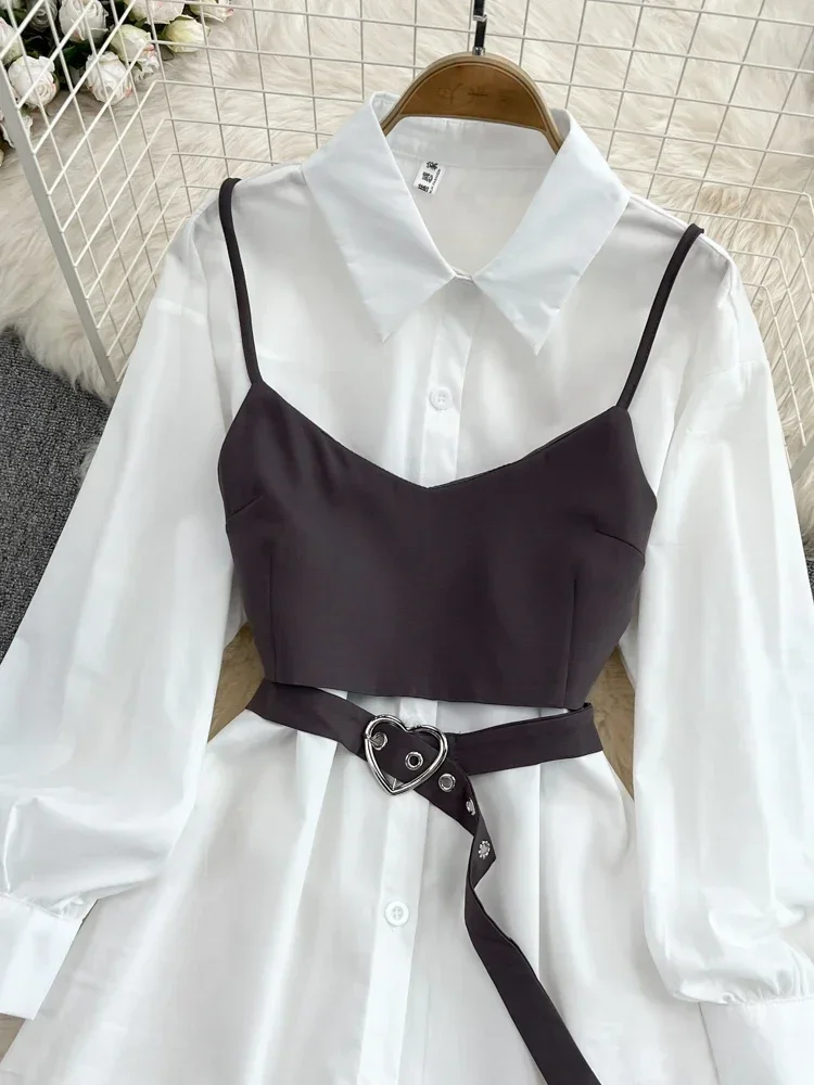 Women Spring Autumn New Vintage Hong Kong Style Temperament Waist Slim White Shirt Dress Two Piece Strap Vest D3094