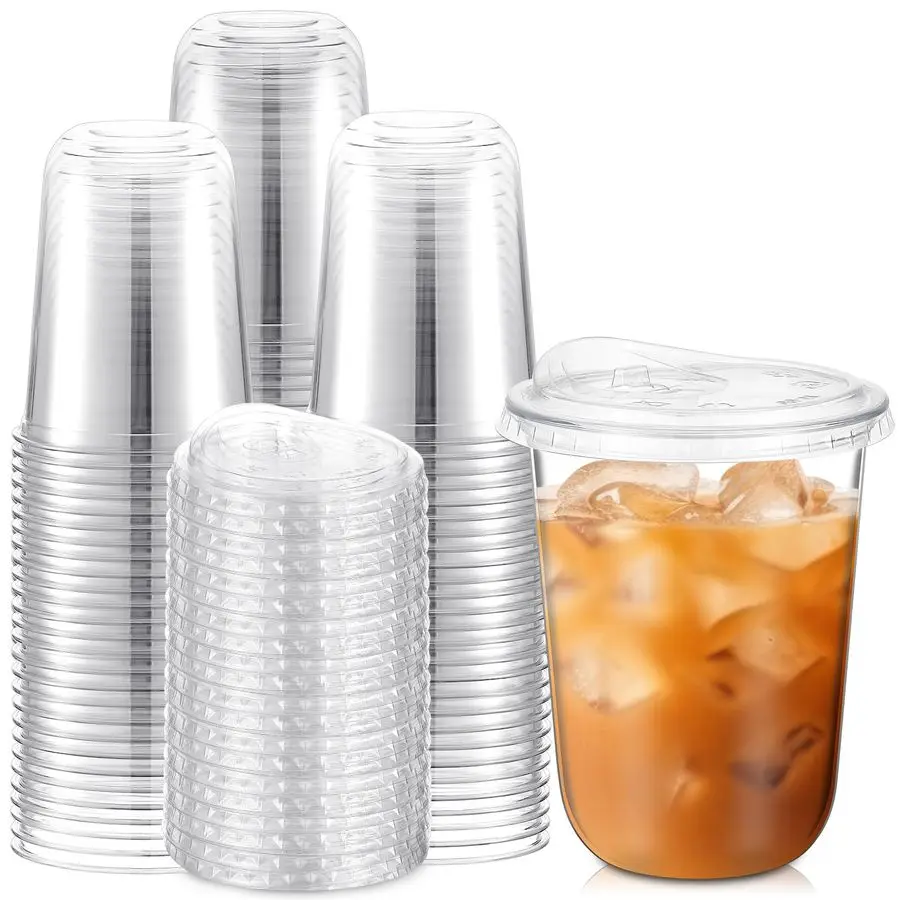 Juego de Vasos de Plástico Transparente con Tapas para Beber sin Pajita, Vasos de Plástico PET Transparente Grueso Desechables para Café Helado, Smoothies