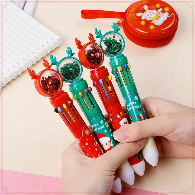 12 Pcs Wholesale 10 Colors Cartoon Christmas Glitter Ballpoint Pens  for Student  Gift