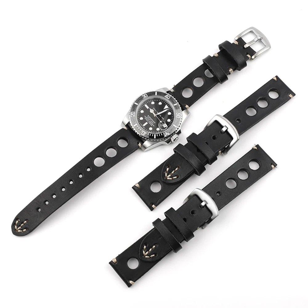 Leather Hand Stitching Black Watchband 18mm 22mm 24mm Cowhide Breathable Hole Strap Sport Wristband Men Business Watch Band