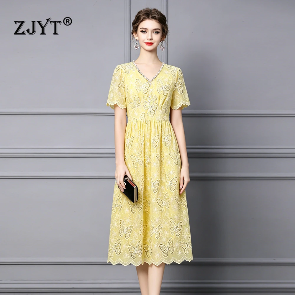 

ZJYT Summer New Hollow Embroidery Dress Women 2026 Designer Elegant Short Sleeve Beading V Neck Casual Midi Yellow Holiday Dress