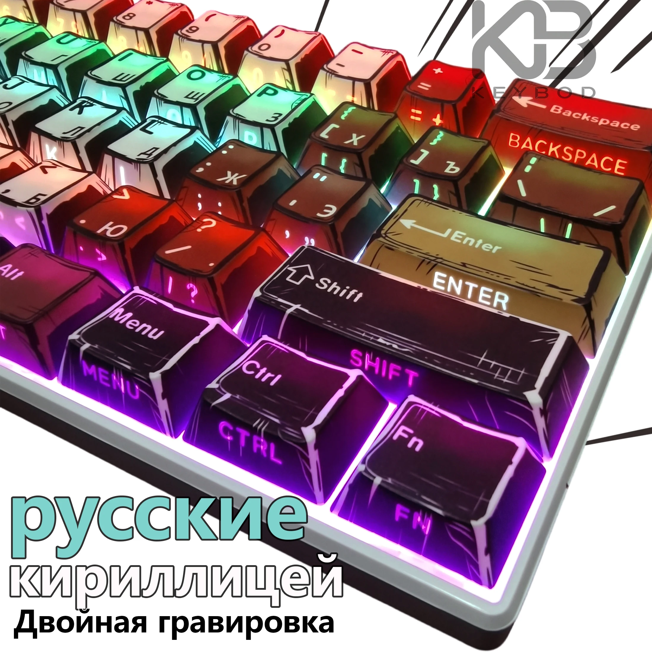 

Comic Backlit PBT Keycaps with Russian Layout Side-print Shine Through Cherry Key Cap for South Facing German/French ISO 130-Key