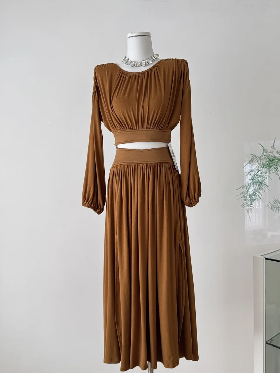 

Caramel Batwing Sve round Ne Top High Waist Flared Skirt Two Piece Set Casual Commute Sle Faionable Spring Autumn