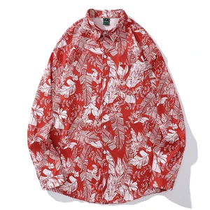 Рубашка с длинным рукавом для мужчин и женщин, повседневная с принтом листьев, на пуговицах, красный топ