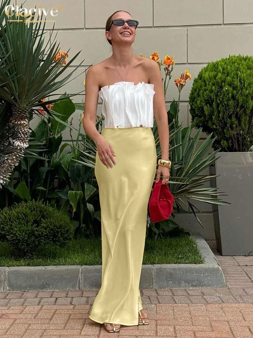 Clacive elegante amarelo cetim saia feminina 2025 casual solto cintura alta maxi saias moda simples saia roupas femininas