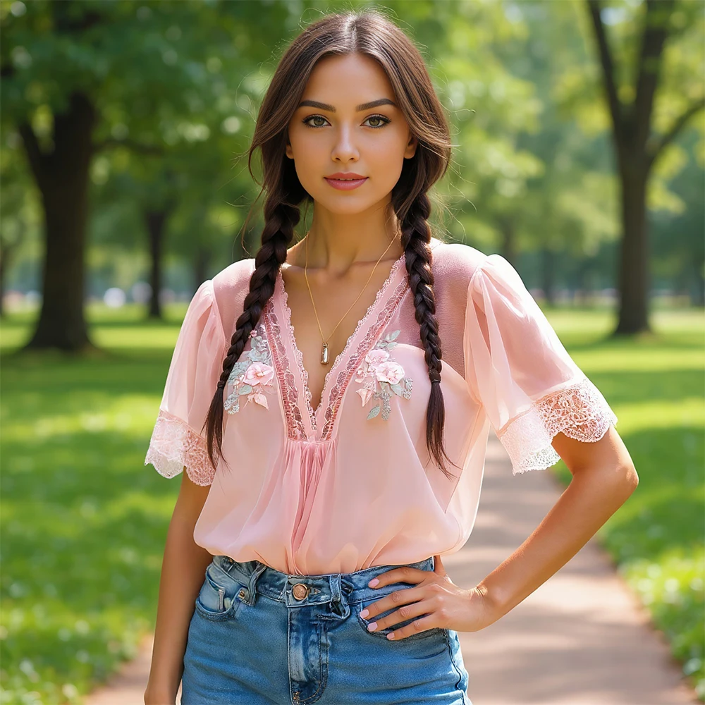 

Women's Casual Embroidery Floral Pattern Lace V Neck Short Sleeve Blouse Elegant Chiffon Pink Sweet Summer Blouse Shirt Tops