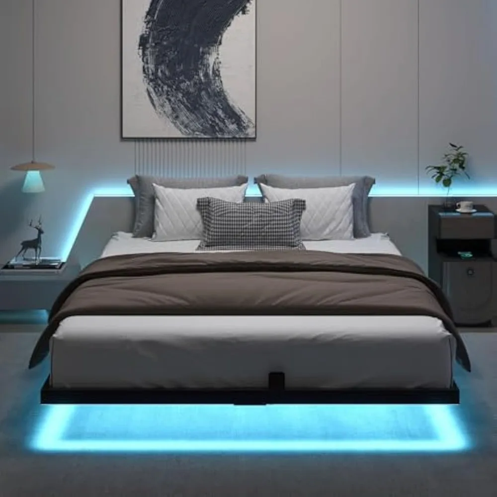إطار سرير عائم بحجم كوين، سرير بمنصة معدنية حديثة مع أضواء LED، لا حاجة إلى صندوق زنبركي، سهل التجميع