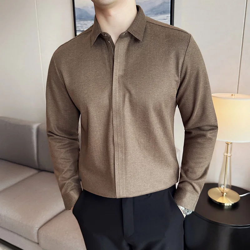 

Men Woolen Shirt for Autumn Winter 2024 Thick Warm Woolen Solid Casual Zipper Design Seamless Striped Shirt Fashion Men Clothing