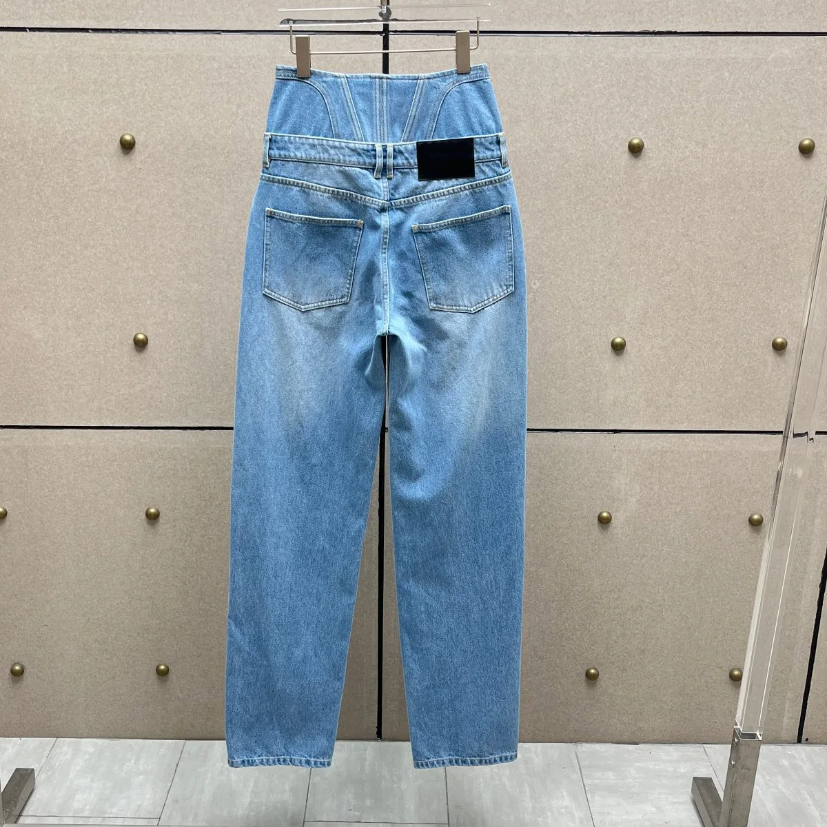 High Quality Women Double Layer High Waist Straight Leg Light Blue Denim Long Jeans Stitch Detail Casual Pants