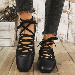 Outdoor Elegant Lightweight Lace Up Shoes Women Casual Ankle Strap Comfortable Square Toe Flats loafers 2024 Shoes for Women