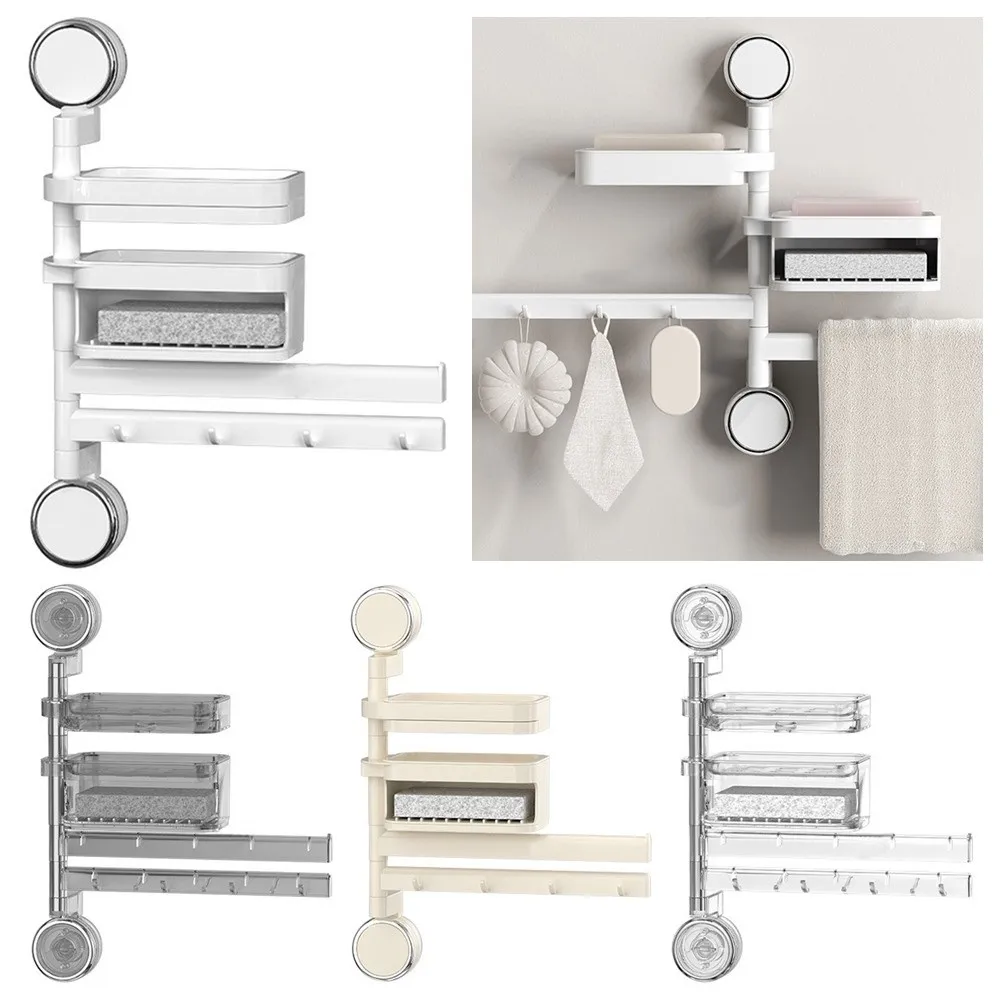 

4 Layer Bathroom Towel Rack Suction Up 180 Degree Rotation Soap Holder Shelves No Punching with Hook