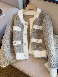 Jmprs Patchwork Women Faux Lamb Coat Winter Warm Long Sleeve Vintage Jackets Korean Loose Casual Female Elegant Retro Thick Tops