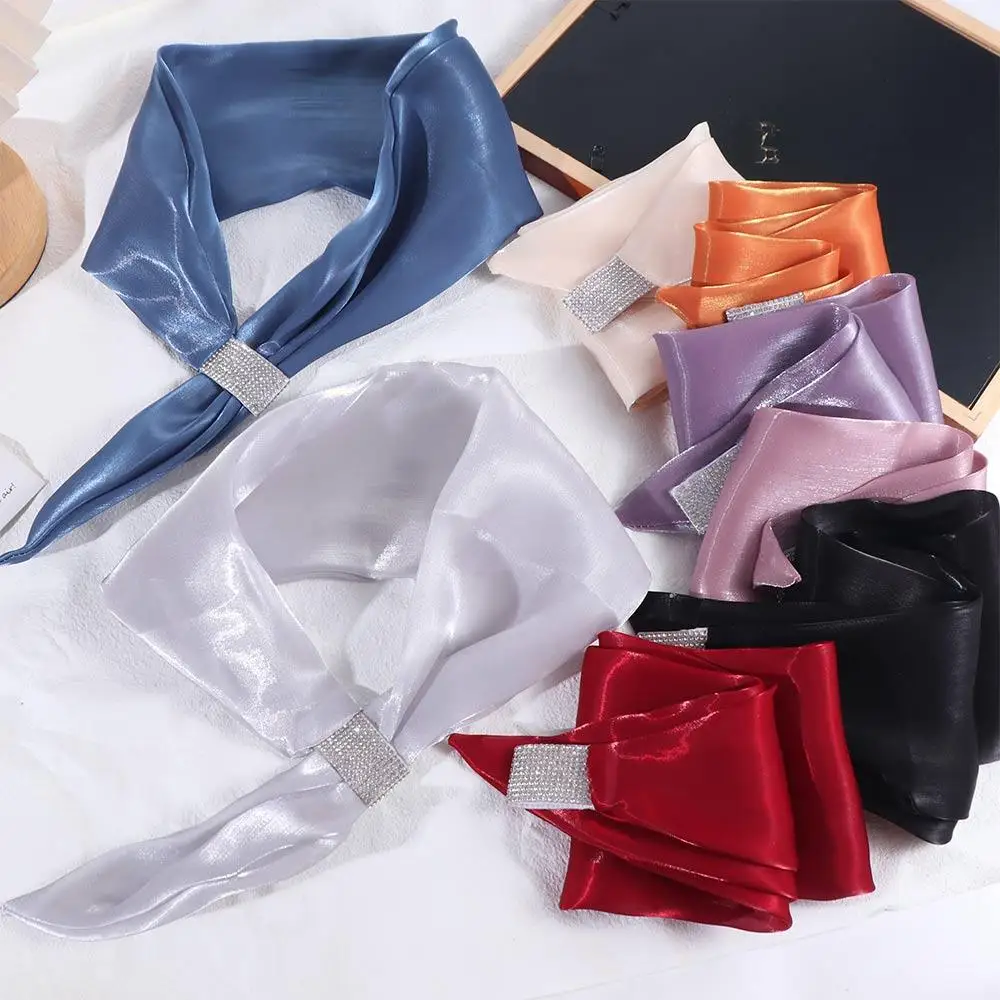 

Thin For Women Solid Color Diamond For Girl Imitation silk Wraps Satin False Collar Cross Neckerchief Cross Scarves Silk Scarf