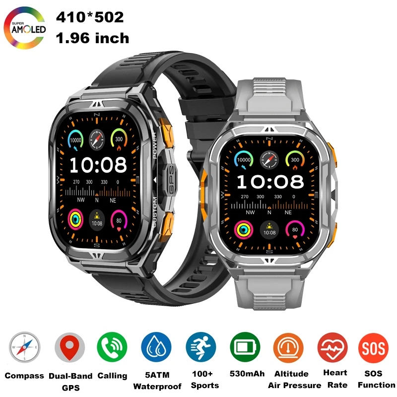 

New X5 Amoled GPS 5ATM Waterproof SmartWatch For Men Built-in Dual-band GPS Compass Military Sport Smart watch For Andriod IOS