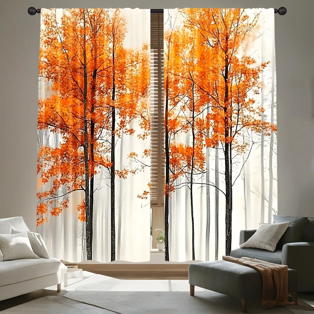 2PCS Digital Print Curtains, Autumn Orange Birch Forest Trees Misty Background Pattern, Realistic Nature Style for Bedroom ／