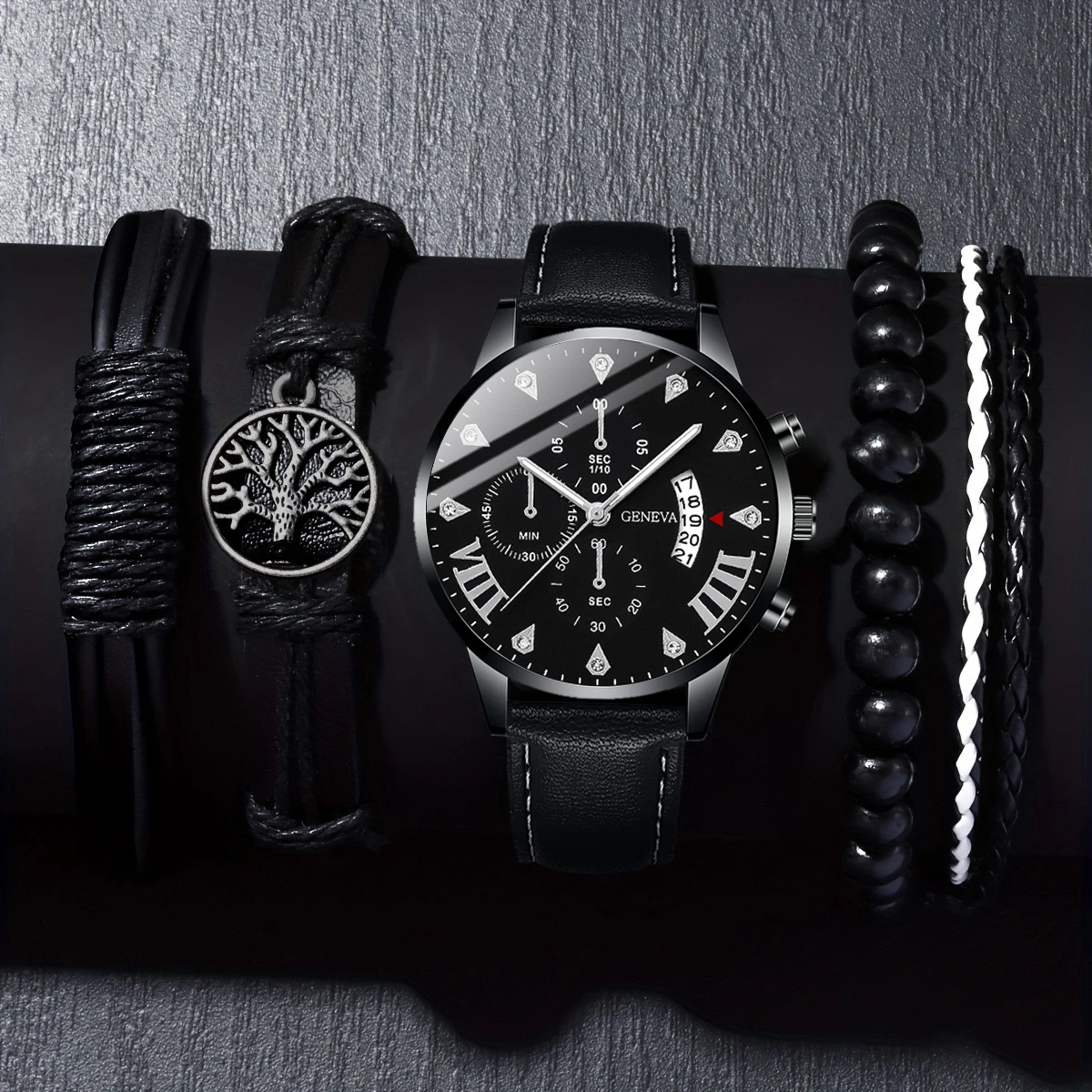 5pc New Simple and Fashionable Men's Hand Set Watch Fashion Leather Strap Quartz Watch with Braided Bracelet Set